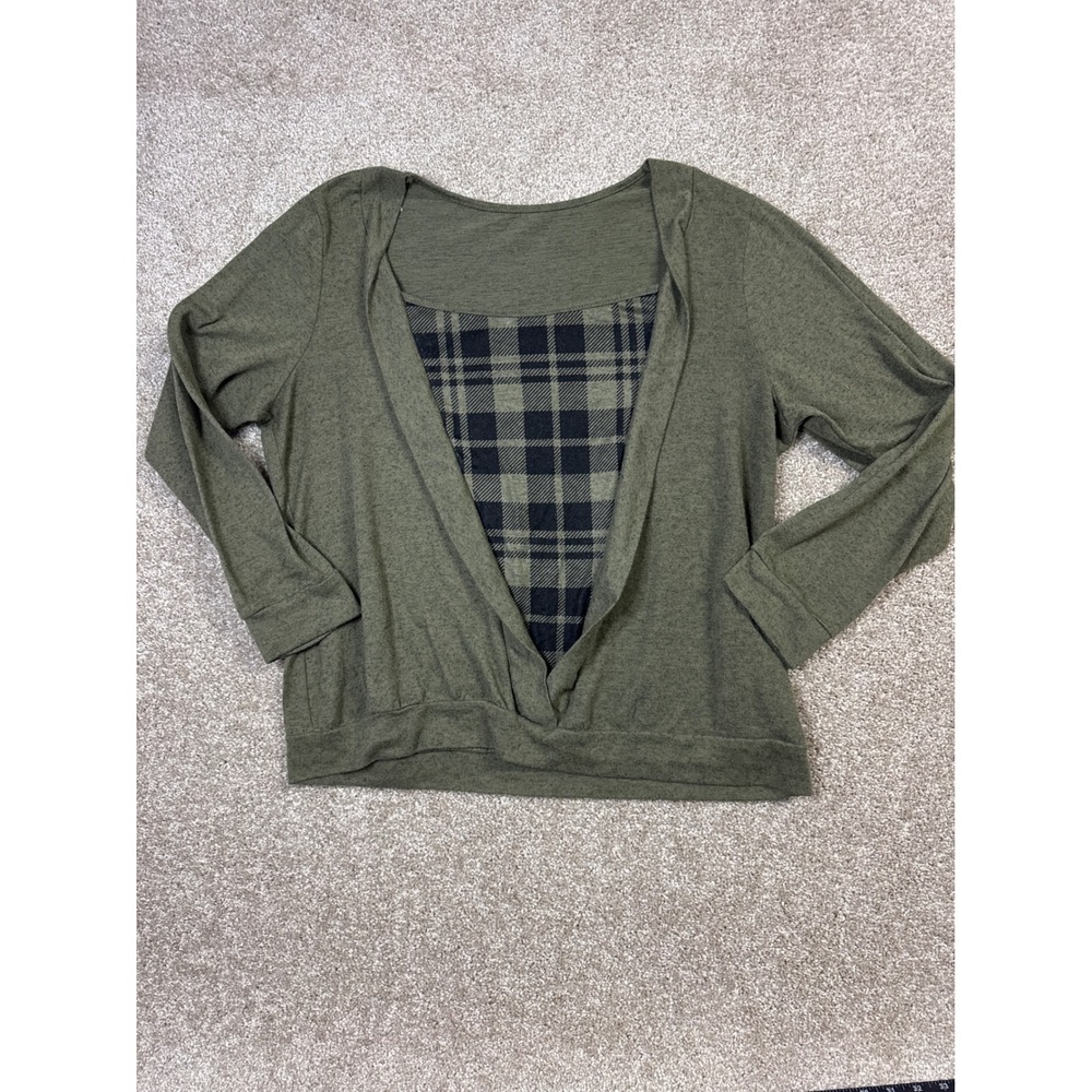 Olive Green Plaid Layered Surplice Long Sleeve Knit Top Pullover Scoop Neck
